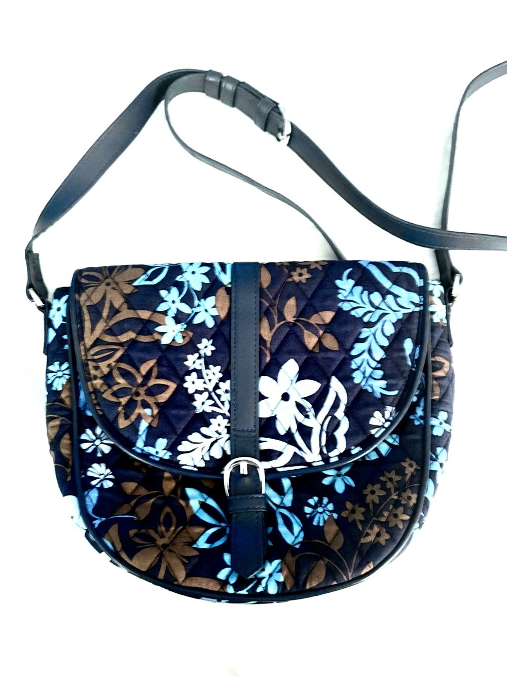 VERA BRADLEY Slim Saddle Bag Java Floral Crossbody, navy and brown